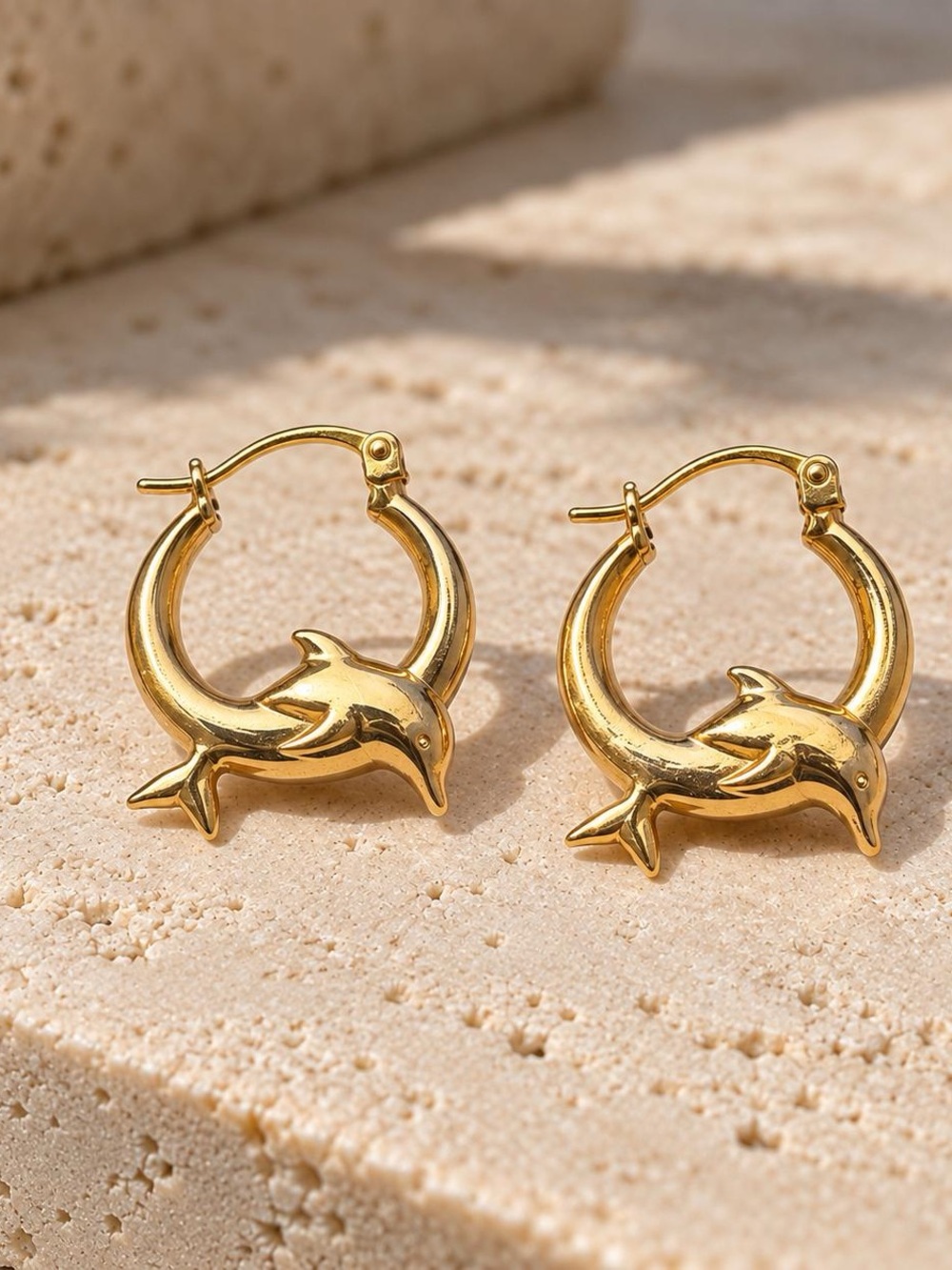 10K Real Solid Yellow Gold Dolphin Hoop Earrings 0.90" (Not Plated)